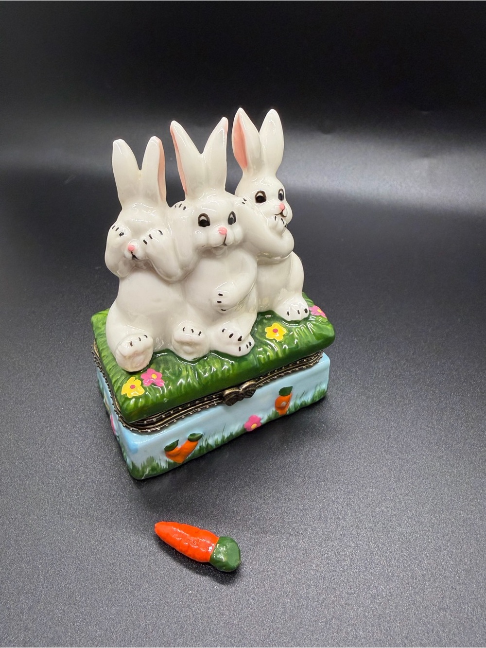 See no evil hear no evil speak no evil rabbit trinket box with carrot trinket